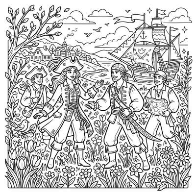Dive into a lively spring scene featuring a crew of adventurous privateers ready for their next voyage. This intricate coloring page combines historical charm with the beauty of a blooming landscape, offering hours of creative fun.