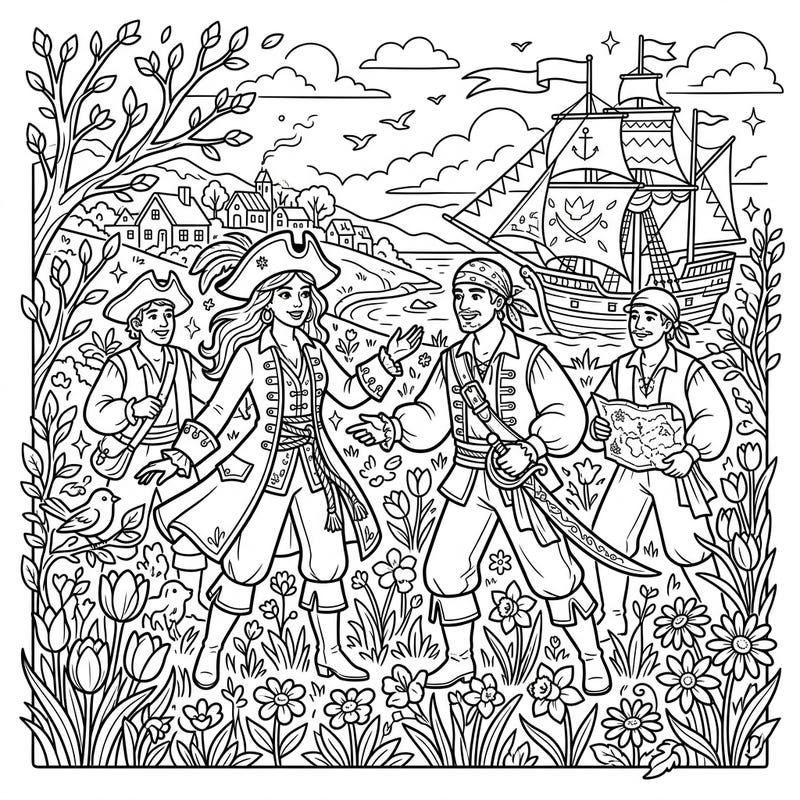 Dive into a lively spring scene featuring a crew of adventurous privateers ready for their next voyage. This intricate coloring page combines historical charm with the beauty of a blooming landscape, offering hours of creative fun.