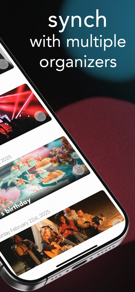 Pro Party Planner - A smartphone showing the sync with multiple organizers feature of the Pro Party Planner app featuring lists for birthdays and corporate events