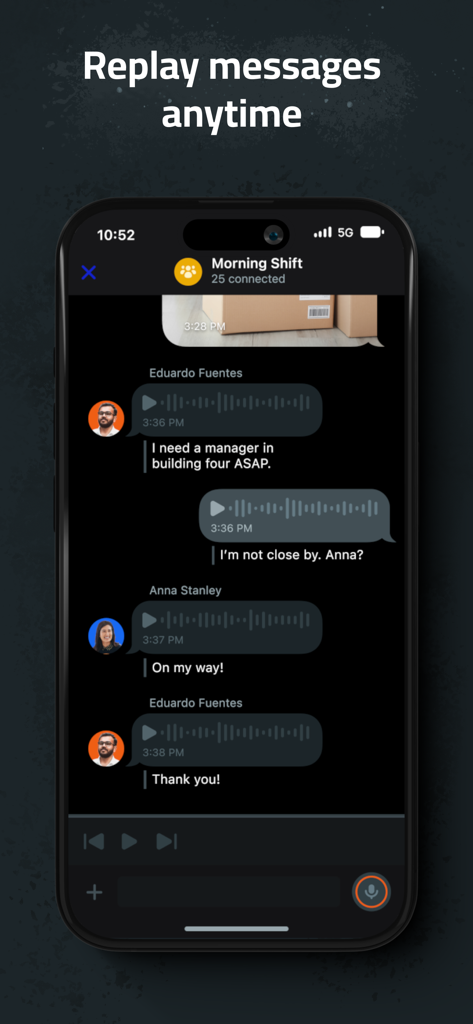 Zello Walkie Talkie app interface showing a voice message history and replay feature for a workplace group chat