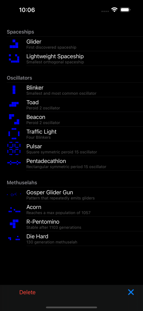 A list of classic Game of Life patterns categorized by spaceships oscillators and methuselahs
