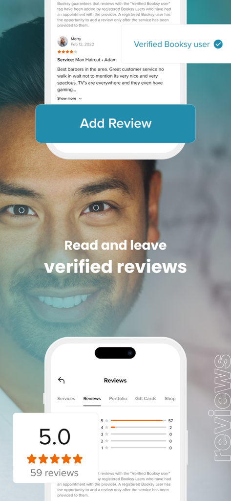 Screenshot of Booksy app interface showing verified customer reviews and a 5 star service rating