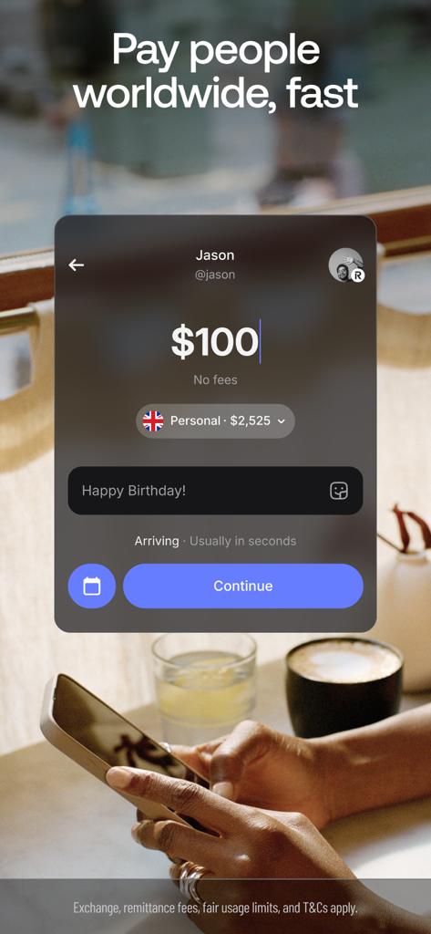 100ドルのRevolut P2P送金を表示するスマートフォン画面