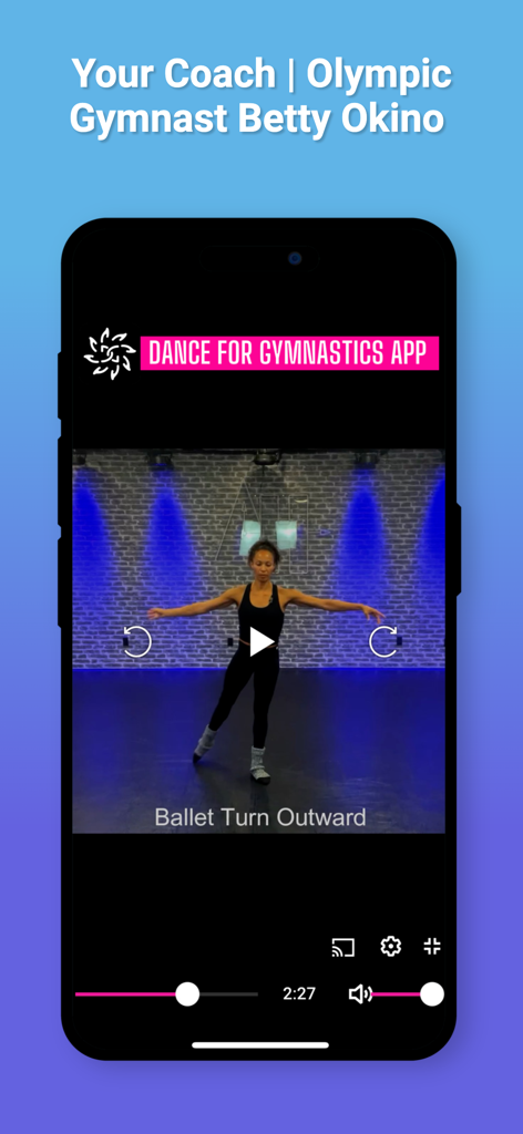 Mobile app screen showing Olympic gymnast Betty Okino teaching a ballet turn outward tutorial