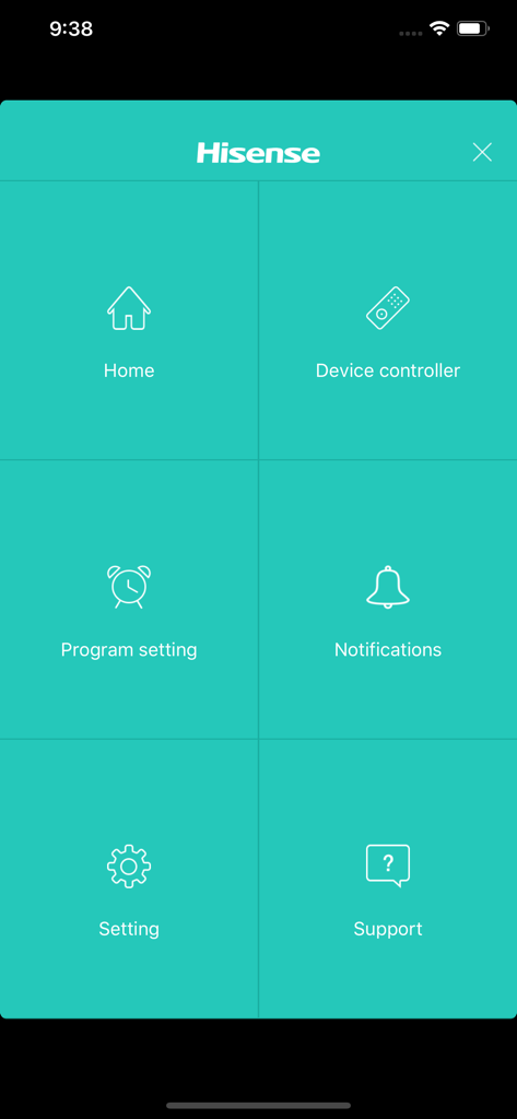 Main menu of the Hi-Smart AC app with icons for home, device controller, program setting, notifications, settings and support