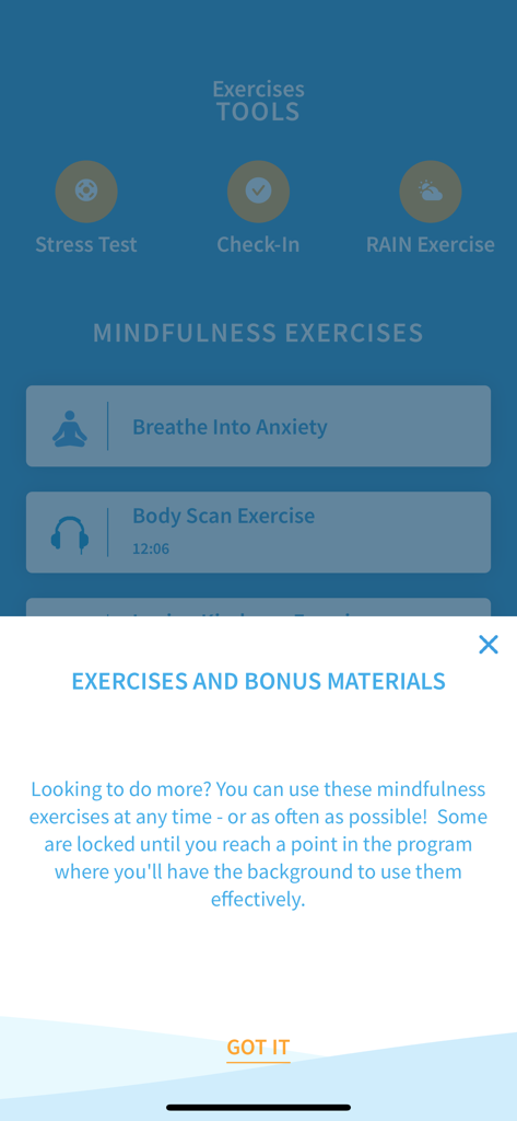 Unwinding Anxiety app screen showing mindfulness exercises and stress tools with a bonus materials pop up