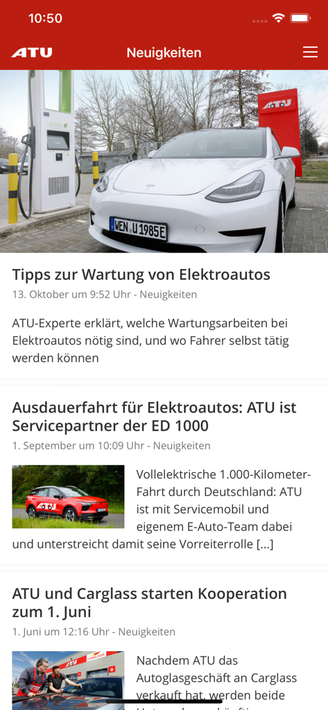 ATU now - A news feed on the ATU now mobile app showing articles about electric car maintenance and company partnerships