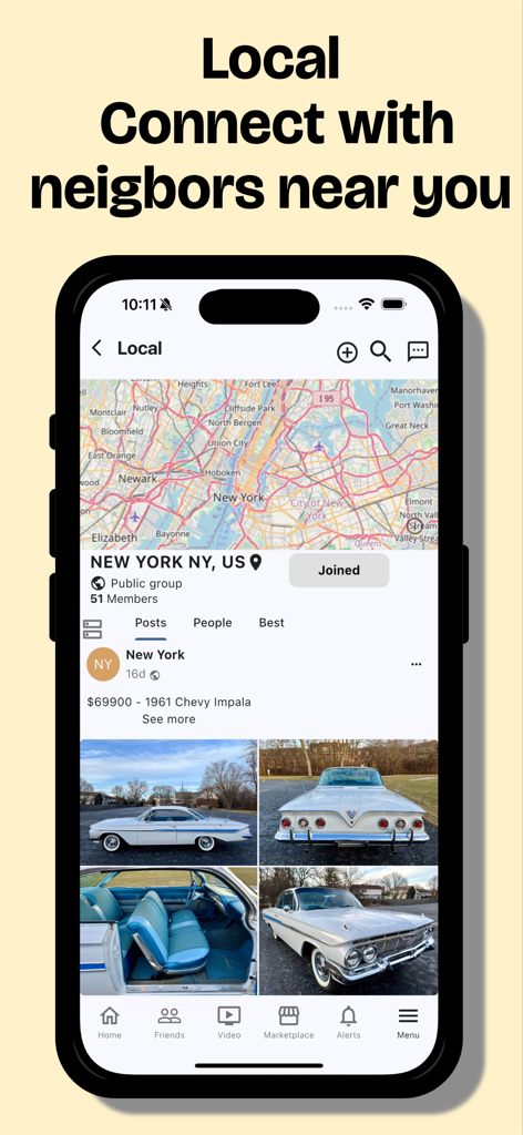 Faxo: Everything App - Faxo app Local feature showing a New York community map and a marketplace listing for a vintage car.