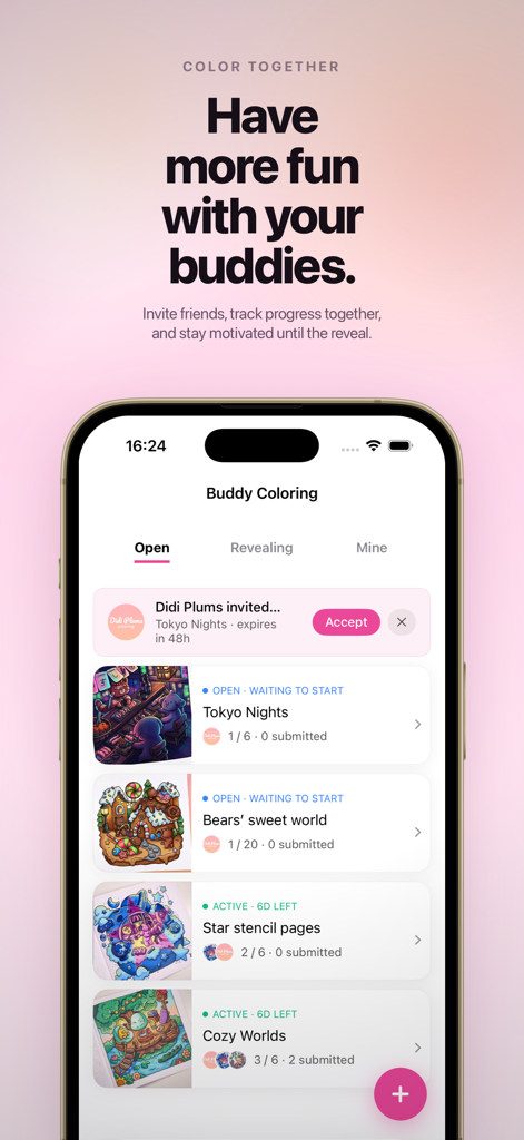 Screenshot of the Buddy Coloring feature in the Colora app showing group coloring projects and social invitations.