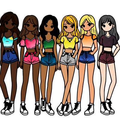 a group of girls wearing crop tops and shorts