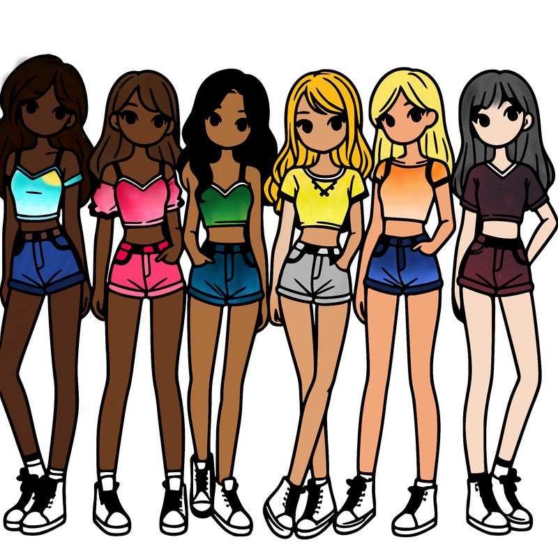 a group of girls wearing crop tops and shorts
