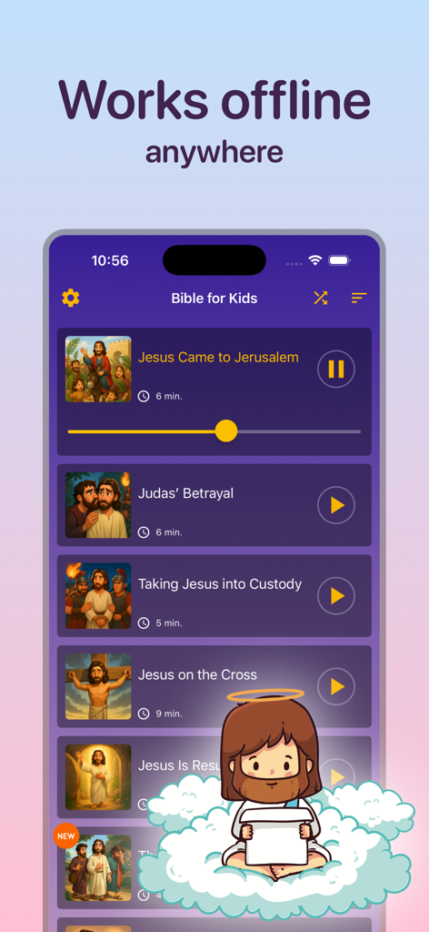 Bible for kids Bedtime stories - Bible for kids app interface showing a list of audio stories and the offline playback feature
