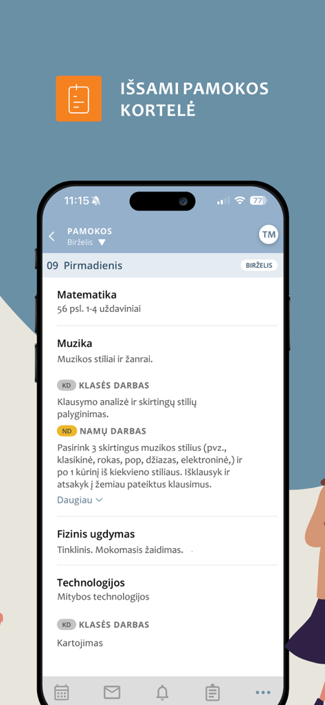 TAMO Ismaniems mobile app displaying a detailed student lesson schedule with homework and classwork