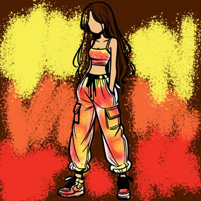 girl in baggy pants crop top and long hair