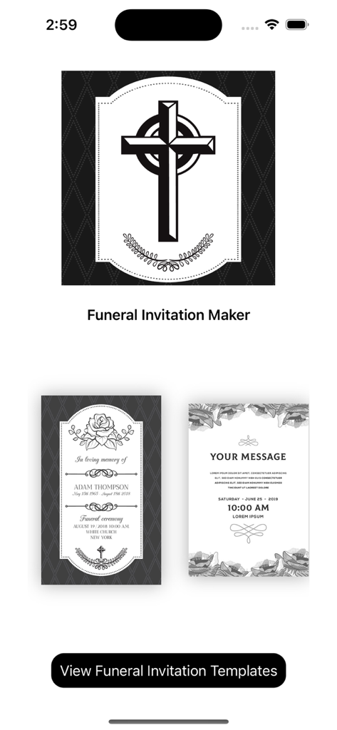 Funeral Invitation Maker app interface showing elegant memorial service templates and a decorative cross icon.