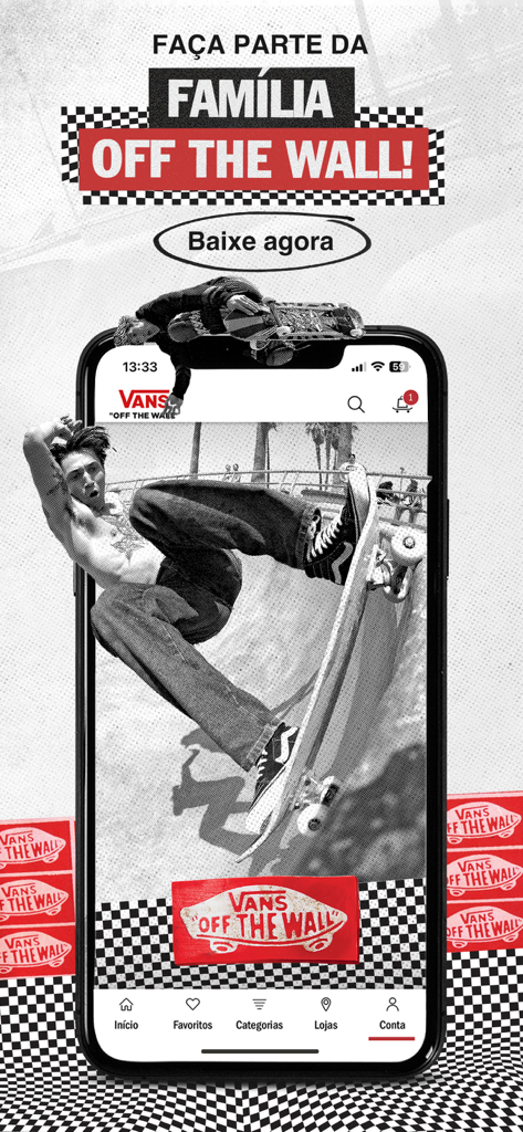 Vans - Schermata promozionale dell'app mobile Vans con uno skateboarder e lo slogan del marchio Off The Wall