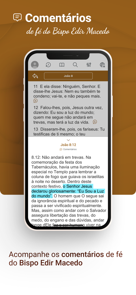 Smartphone screen showing the Bible text and faith commentary by Bishop Edir Macedo in the Biblia Fiel Comentada app