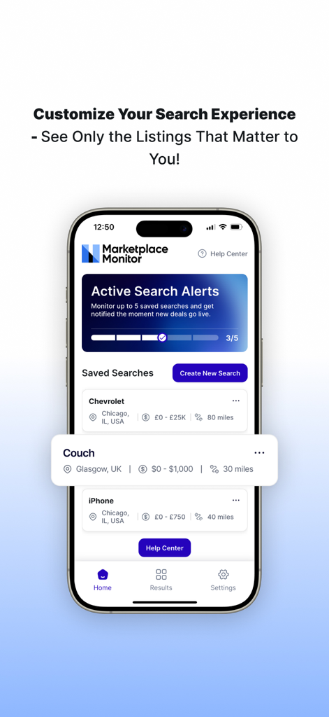 Interface do aplicativo Monitor de Marketplace mostrando alertas de pesquisa personalizados para itens específicos como carros e sofás
