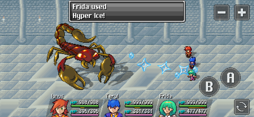 Starlight Legacy - Uma batalha por turnos em Starlight Legacy mostrando Frida usando Hyper Ice contra um escorpião gigante