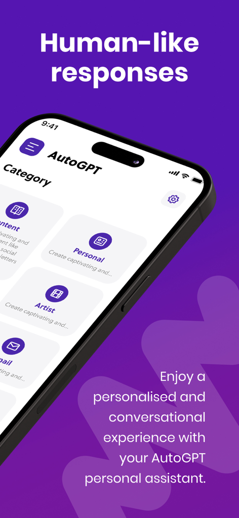 AutoGPTチャットボットモバイルアプリインターフェース、iPhone上のAIアシスタントカテゴリを表示