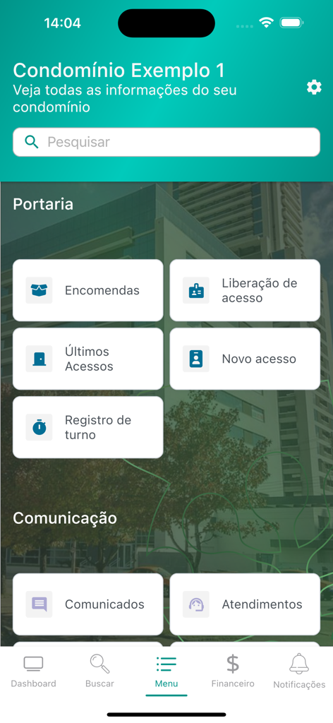 ADMPARANÁ - Menu interface of the ADMPARANÁ app showing property management features including concierge services and communication tools.