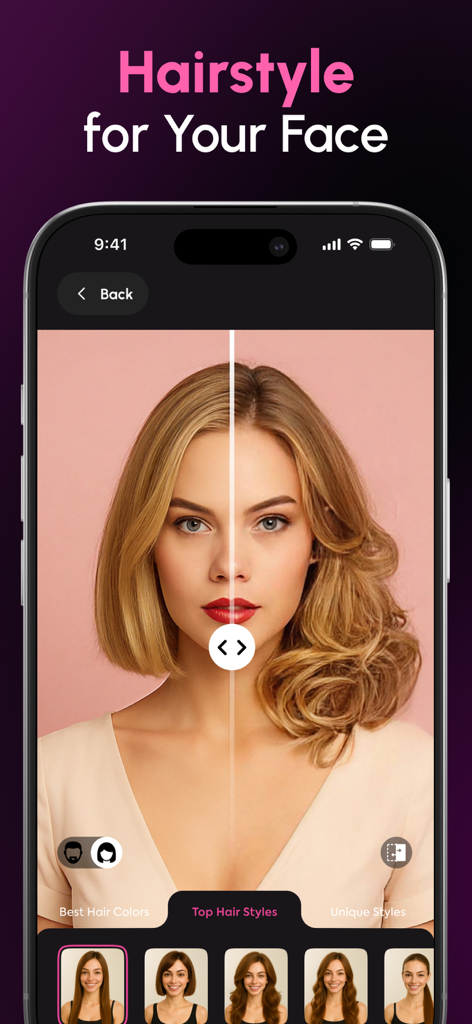 AI Hairstyle・Hair Color Filter - A split screen view of a woman comparing a short blonde bob with a long wavy hairstyle using an AI filter app.