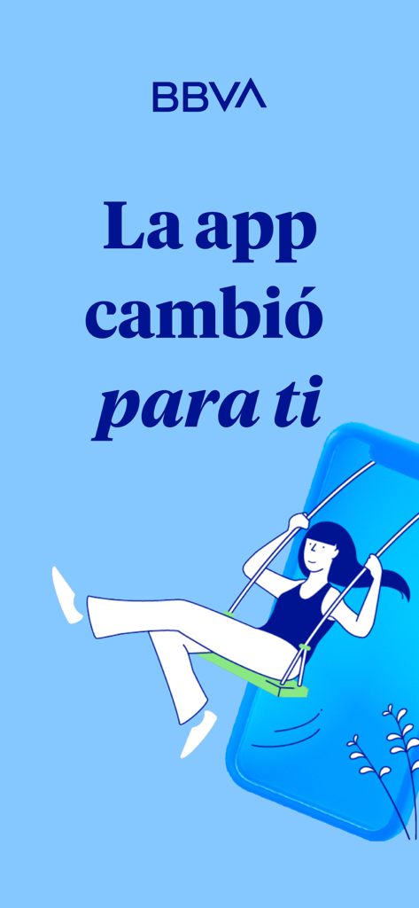 Tela de boas-vindas do aplicativo móvel BBVA Mexico com uma ilustração de uma mulher em um balanço e o texto La app cambio para ti