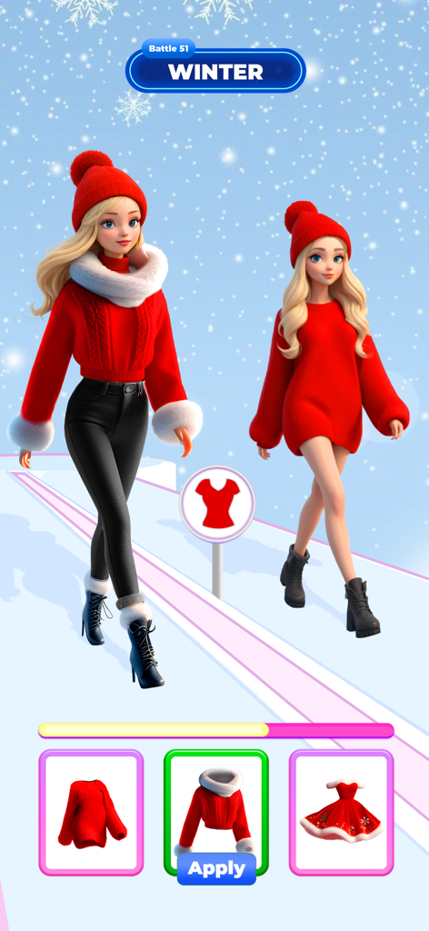 Fashion Battle: Catwalk Show - Dos modelos compitiendo en una pasarela nevada con atuendos de invierno rojos en el juego Fashion Battle.