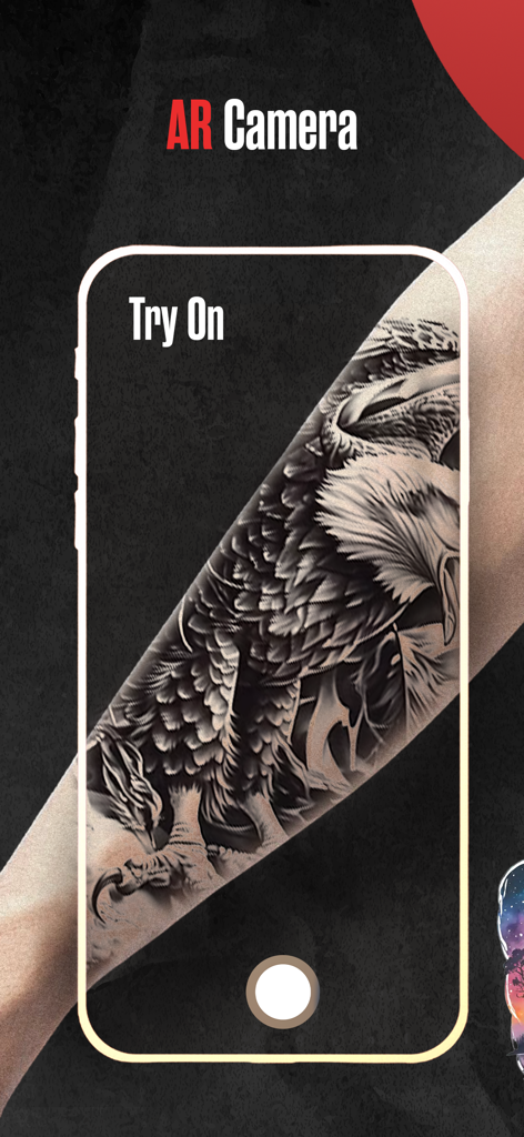 Tattoo Maker: Ink Design Art - Augmented reality preview of an eagle tattoo on a forearm using the AR Camera feature