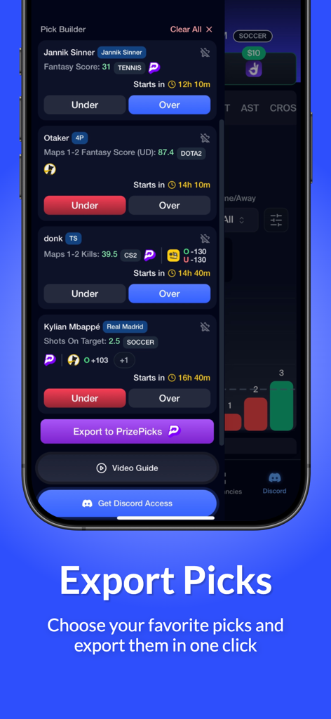 PickFinder app screenshot showing the pick builder tool and the export to PrizePicks button for sports and esports picks.