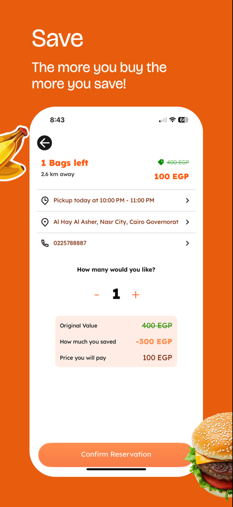 Interfaz de la aplicación móvil Bolsa Misteriosa mostrando ahorros de precios y detalles de reserva para bolsas de comida excedente