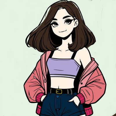 a realistic girl with a crop top and short shorts in an open jacket