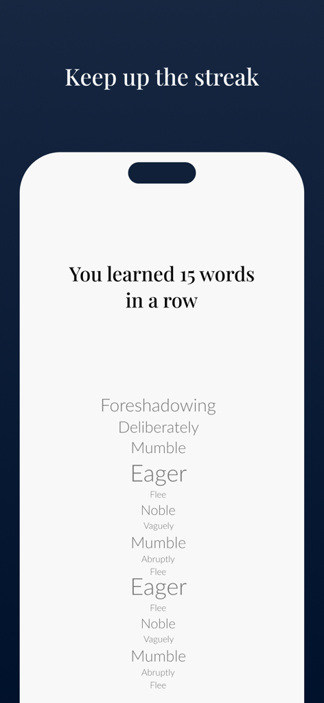 Wocab - Expand your vocabulary - A minimalist screen from Wocab showing a 15-word learning streak with a list of words like foreshadowing and deliberately.