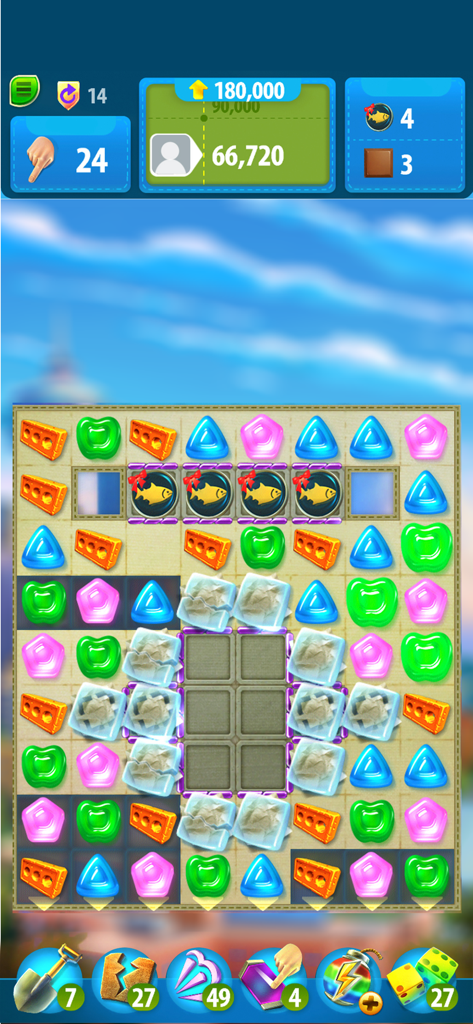 Gummy Drop! Match 3 Puzzles - Gameplay screen of Gummy Drop Match 3 Puzzles showing a colorful puzzle board with various gummies and boosters