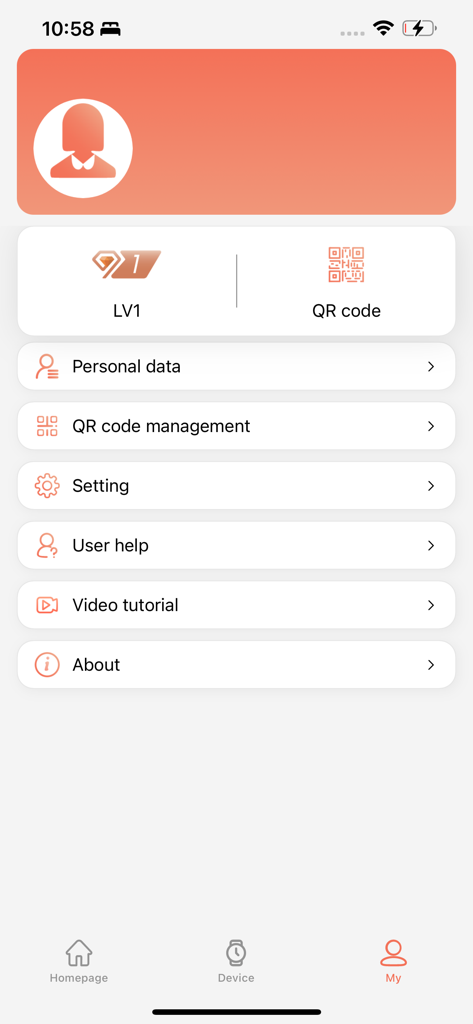 RDFit app user profile screen showing personal data, settings, and help options.