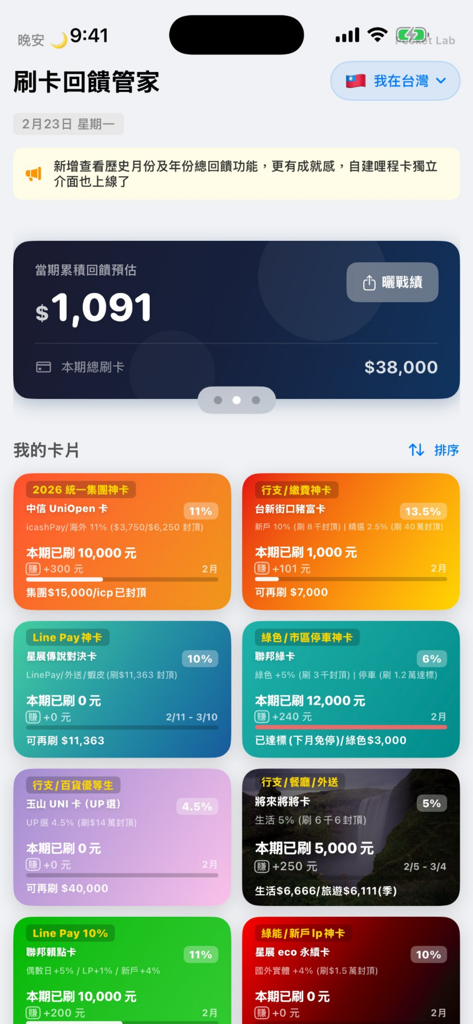 刷卡回饋管家 - Mobile app interface showing cashback rewards and spending limits for multiple Taiwanese credit cards.