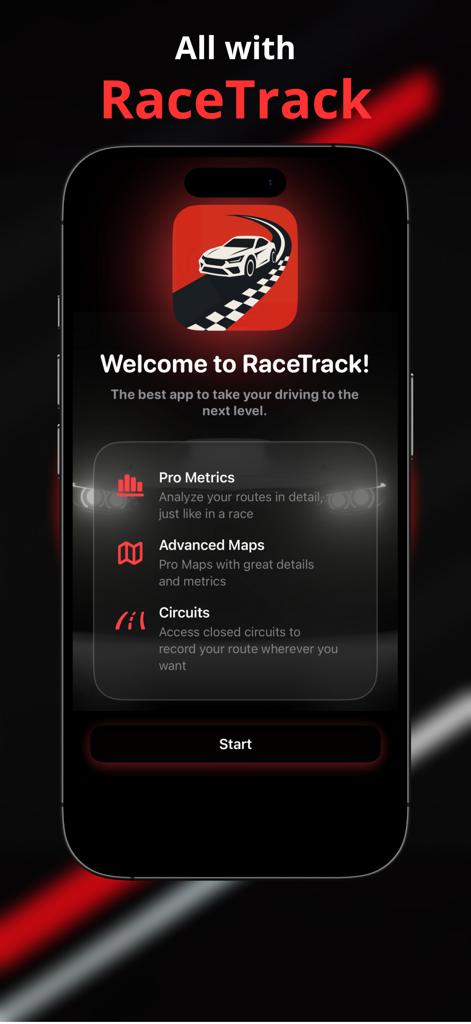 iPhone che mostra la schermata di benvenuto dell'app RaceTrack con le funzionalità Pro Metrics e Advanced Maps
