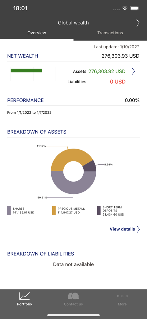 My Heritage - A screenshot of the My Heritage app dashboard showing net wealth summary and a breakdown of assets including shares and precious metals