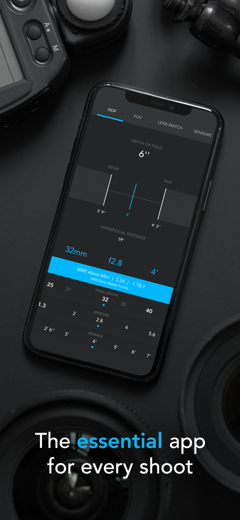 f8 Lens Toolkit - iPhone上のf8レンズツールキットアプリ。映画撮影セットの環境でARRI Alexa Miniカメラの被写界深度計算を表示しています。