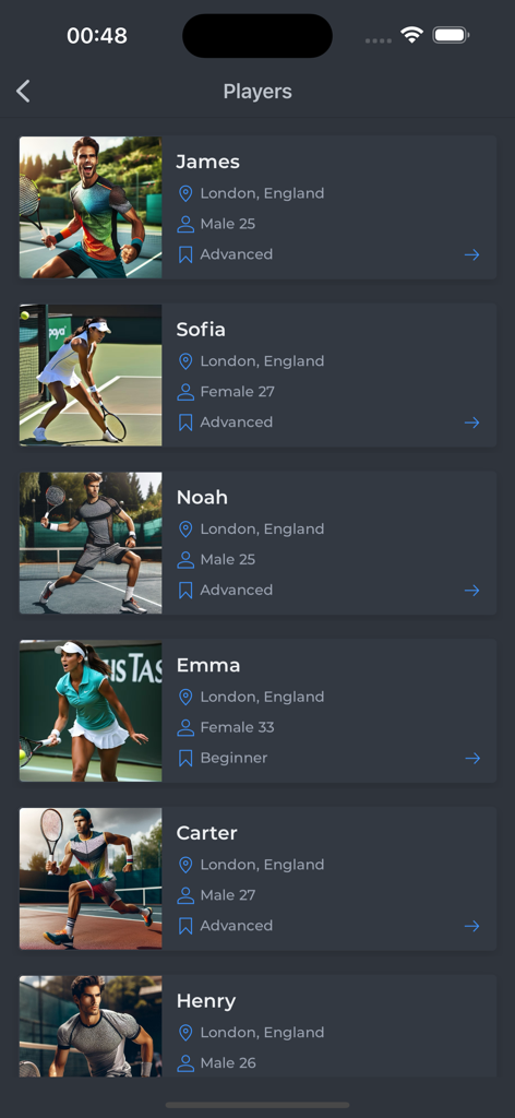 Tennis Partner - Tennis Partner app screen showing a list of available tennis players with their skill levels and locations.