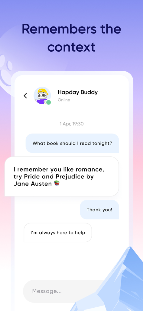 Hapday AI life coach chat showing personalized book recommendations based on user history