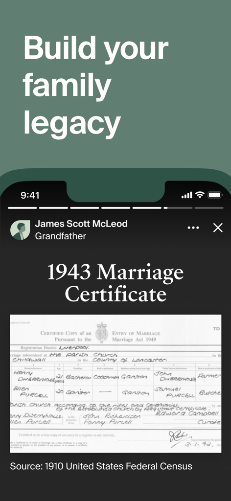 Interfaz de la aplicación Ancestry que muestra un certificado de matrimonio de 1943 de un abuelo bajo el encabezado Construye el legado de tu familia