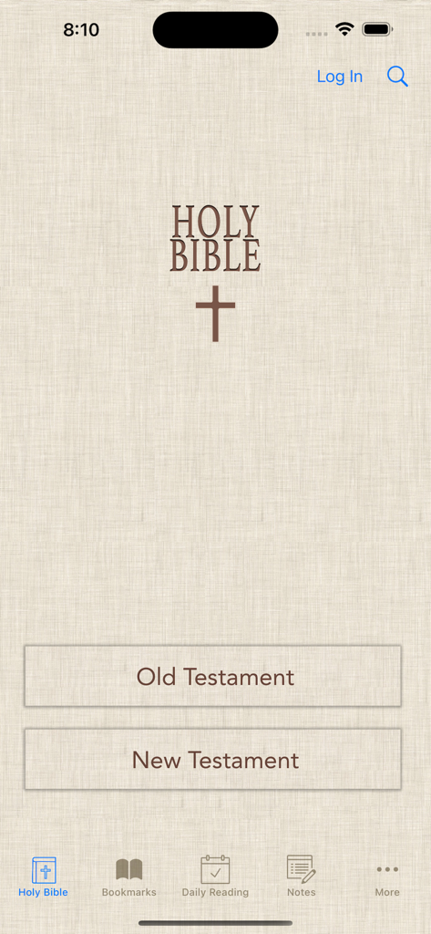KJV Bible: King James Version - Main screen of the King James Version Bible app showing navigation buttons for the Old and New Testaments