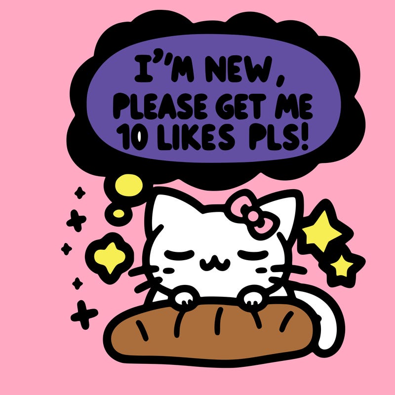 kitty taking a nap dream talking and saying "i'm new, please get me at least 10 likes pls!!"