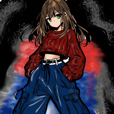 anime teen girl with baggy pants and crop top with sweater