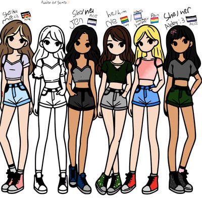 a group of girls wearing crop tops and shorts