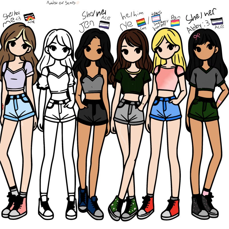 a group of girls wearing crop tops and shorts