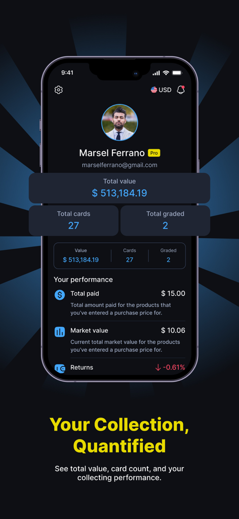 HoloDex mobile app dashboard showing total card collection value and market performance