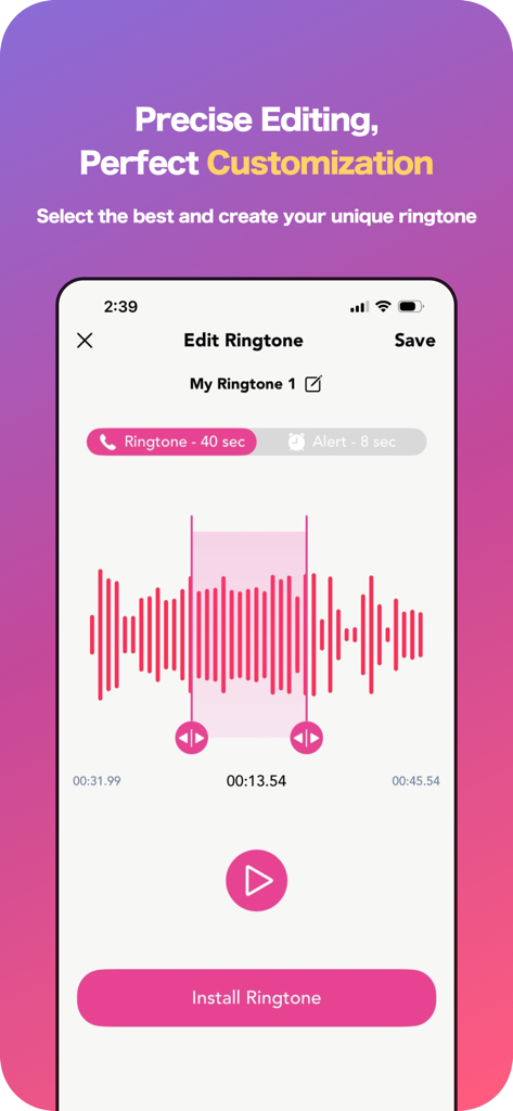 LittyTone:Ringtone & AI Voice - Mobile app screen showing a pink audio waveform editor for precise ringtone trimming and customization.