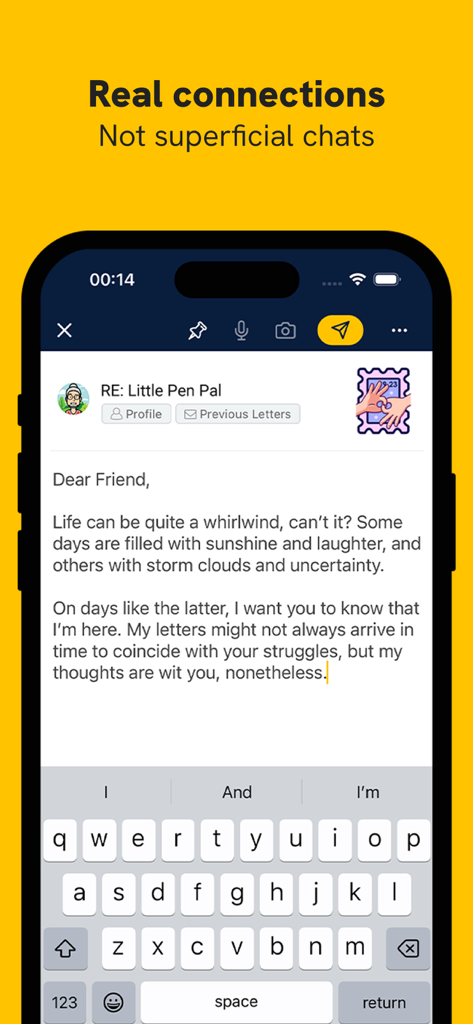 A screenshot of the Slowly app interface showing a long form digital letter being written to a penpal with a decorative stamp